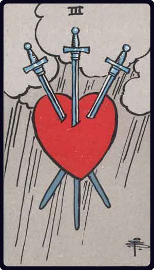 ไพ่ 3 ดาบ (3 of Swords) หัวใจสีแดงถูกดาบสามเล่มแทงทะลุ ท่ามกลางเมฆฝน